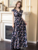 ERUKEI/C22065/フリルポイント/Vネック/花柄/プリント/ウエスト切り替え/ノースリーブ/Aライン/ハイウエスト/ロングドレス/パッド付きワンピース