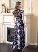 ERUKEI/C22065/フリルポイント/Vネック/花柄/プリント/ウエスト切り替え/ノースリーブ/Aライン/ハイウエスト/ロングドレス/パッド付きワンピース