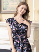 ERUKEI/C22065/フリルポイント/Vネック/花柄/プリント/ウエスト切り替え/ノースリーブ/Aライン/ハイウエスト/ロングドレス/パッド付きワンピース