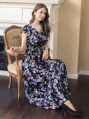 ERUKEI/C22065/フリルポイント/Vネック/花柄/プリント/ウエスト切り替え/ノースリーブ/Aライン/ハイウエスト/ロングドレス/パッド付きワンピース