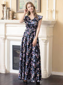 ERUKEI/C22065/フリルポイント/Vネック/花柄/プリント/ウエスト切り替え/ノースリーブ/Aライン/ハイウエスト/ロングドレス/パッド付きワンピース