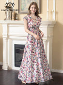 ERUKEI/C22065/フリルポイント/Vネック/花柄/プリント/ウエスト切り替え/ノースリーブ/Aライン/ハイウエスト/ロングドレス/パッド付きワンピース