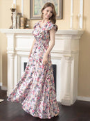 ERUKEI/C22065/フリルポイント/Vネック/花柄/プリント/ウエスト切り替え/ノースリーブ/Aライン/ハイウエスト/ロングドレス/パッド付きワンピース