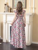 ERUKEI/C22065/フリルポイント/Vネック/花柄/プリント/ウエスト切り替え/ノースリーブ/Aライン/ハイウエスト/ロングドレス/パッド付きワンピース