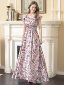 ERUKEI/C22065/フリルポイント/Vネック/花柄/プリント/ウエスト切り替え/ノースリーブ/Aライン/ハイウエスト/ロングドレス/パッド付きワンピース