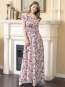 ERUKEI/C22065/フリルポイント/Vネック/花柄/プリント/ウエスト切り替え/ノースリーブ/Aライン/ハイウエスト/ロングドレス/パッド付きワンピース