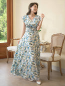 ERUKEI/C22065/フリルポイント/Vネック/花柄/プリント/ウエスト切り替え/ノースリーブ/Aライン/ハイウエスト/ロングドレス/パッド付きワンピース