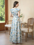 ERUKEI/C22065/フリルポイント/Vネック/花柄/プリント/ウエスト切り替え/ノースリーブ/Aライン/ハイウエスト/ロングドレス/パッド付きワンピース