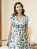 ERUKEI/C22065/フリルポイント/Vネック/花柄/プリント/ウエスト切り替え/ノースリーブ/Aライン/ハイウエスト/ロングドレス/パッド付きワンピース