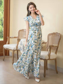 ERUKEI/C22065/フリルポイント/Vネック/花柄/プリント/ウエスト切り替え/ノースリーブ/Aライン/ハイウエスト/ロングドレス/パッド付きワンピース