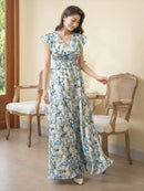 ERUKEI/C22065/フリルポイント/Vネック/花柄/プリント/ウエスト切り替え/ノースリーブ/Aライン/ハイウエスト/ロングドレス/パッド付きワンピース