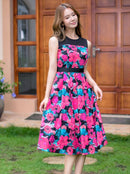 ERUKEI/C22092/エルケイ/ワンピース/ミディアムドレス/お食事会/Aライン/デート/花柄/プリント/ノースリーブ/ハイウエスト/ウエスト切り替え