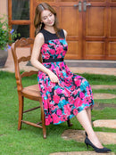 ERUKEI/C22092/エルケイ/ワンピース/ミディアムドレス/お食事会/Aライン/デート/花柄/プリント/ノースリーブ/ハイウエスト/ウエスト切り替え