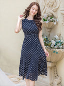 ERUKEI/C22096/エルケイ/ワンピース/Aライン/ドット柄/ミディアム/ドレス/パッドあり/ノースリーブ/上品/ひざ下/ネイビー/紺