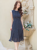 ERUKEI/C22096/エルケイ/ワンピース/Aライン/ドット柄/ミディアム/ドレス/パッドあり/ノースリーブ/上品/ひざ下/ネイビー/紺