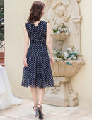 ERUKEI/C22096/エルケイ/ワンピース/Aライン/ドット柄/ミディアム/ドレス/パッドあり/ノースリーブ/上品/ひざ下/ネイビー/紺