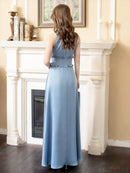 ERUKEI/C22165/首元フリル/ワンカラー/シンプル/ウエストマーク/マキシ/ノースリーブ/Aライン/ロングドレス/