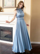 ERUKEI/C22165/首元フリル/ワンカラー/シンプル/ウエストマーク/マキシ/ノースリーブ/Aライン/ロングドレス/