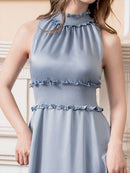 ERUKEI/C22165/首元フリル/ワンカラー/シンプル/ウエストマーク/マキシ/ノースリーブ/Aライン/ロングドレス/