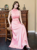 ERUKEI/C22165/首元フリル/ワンカラー/シンプル/ウエストマーク/マキシ/ノースリーブ/Aライン/ロングドレス/