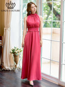 ERUKEI/C22165/首元フリル/ワンカラー/シンプル/ウエストマーク/マキシ/ノースリーブ/Aライン/ロングドレス/