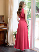 ERUKEI/C22165/首元フリル/ワンカラー/シンプル/ウエストマーク/マキシ/ノースリーブ/Aライン/ロングドレス/