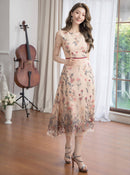 ERUKEI/C23040/エルケイ/ベージュ/ピンク/総レース/Aライン/フラワー刺繍/半袖/ミニドレス/ワンピース/ミディアム丈