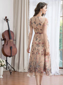 ERUKEI/C23040/エルケイ/ベージュ/ピンク/総レース/Aライン/フラワー刺繍/半袖/ミニドレス/ワンピース/ミディアム丈