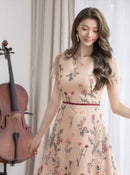 ERUKEI/C23040/エルケイ/ベージュ/ピンク/総レース/Aライン/フラワー刺繍/半袖/ミニドレス/ワンピース/ミディアム丈