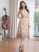 ERUKEI/C23040/エルケイ/ベージュ/ピンク/総レース/Aライン/フラワー刺繍/半袖/ミニドレス/ワンピース/ミディアム丈