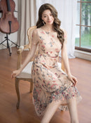 ERUKEI/C23040/エルケイ/ベージュ/ピンク/総レース/Aライン/フラワー刺繍/半袖/ミニドレス/ワンピース/ミディアム丈