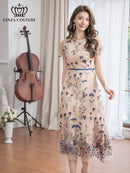 ERUKEI/C23040/エルケイ/ベージュ/ピンク/総レース/Aライン/フラワー刺繍/半袖/ミニドレス/ワンピース/ミディアム丈