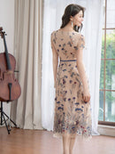 ERUKEI/C23040/エルケイ/ベージュ/ピンク/総レース/Aライン/フラワー刺繍/半袖/ミニドレス/ワンピース/ミディアム丈