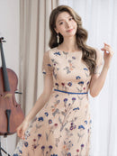 ERUKEI/C23040/エルケイ/ベージュ/ピンク/総レース/Aライン/フラワー刺繍/半袖/ミニドレス/ワンピース/ミディアム丈