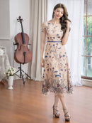 ERUKEI/C23040/エルケイ/ベージュ/ピンク/総レース/Aライン/フラワー刺繍/半袖/ミニドレス/ワンピース/ミディアム丈