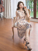 ERUKEI/C23040/エルケイ/ベージュ/ピンク/総レース/Aライン/フラワー刺繍/半袖/ミニドレス/ワンピース/ミディアム丈