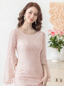 ERUKEI/C24001/エルケイ/ドレス/ワンピース/ミディアムドレス/フリルスリーブ/タイト/袖あり/7分袖/総レース/演奏会/パーティー