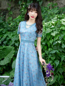 ERUKEI/C2651/エルケイ/ブルー/パープル/花柄/半袖/袖あり/チュール/Aライン/ミディアムドレス/ワンピース