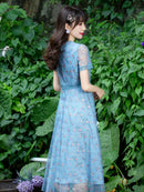 ERUKEI/C2651/エルケイ/ブルー/パープル/花柄/半袖/袖あり/チュール/Aライン/ミディアムドレス/ワンピース