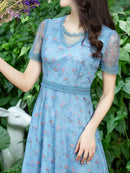 ERUKEI/C2651/エルケイ/ブルー/パープル/花柄/半袖/袖あり/チュール/Aライン/ミディアムドレス/ワンピース