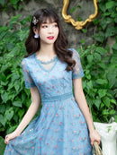 ERUKEI/C2651/エルケイ/ブルー/パープル/花柄/半袖/袖あり/チュール/Aライン/ミディアムドレス/ワンピース