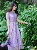 ERUKEI/C2651/エルケイ/ブルー/パープル/花柄/半袖/袖あり/チュール/Aライン/ミディアムドレス/ワンピース