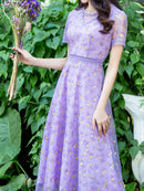 ERUKEI/C2651/エルケイ/ブルー/パープル/花柄/半袖/袖あり/チュール/Aライン/ミディアムドレス/ワンピース