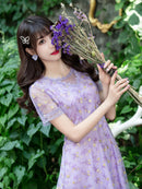 ERUKEI/C2651/エルケイ/ブルー/パープル/花柄/半袖/袖あり/チュール/Aライン/ミディアムドレス/ワンピース