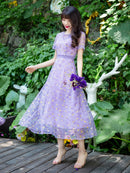 ERUKEI/C2651/エルケイ/ブルー/パープル/花柄/半袖/袖あり/チュール/Aライン/ミディアムドレス/ワンピース