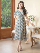 ERUKEI/C2702/エルケイ/グリーン/プリント/ペイズリー/フリルスリーブ/フレアー/Vネック/Aライン/ミディアム/ドレス/ワンピース