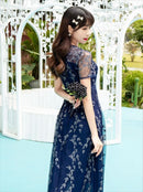 ERUKEI/C2706/ネイビー/蔦柄/半袖/レース/チュール/Aライン/ミディアムドレス/ワンピース