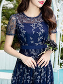 ERUKEI/C2706/ネイビー/蔦柄/半袖/レース/チュール/Aライン/ミディアムドレス/ワンピース