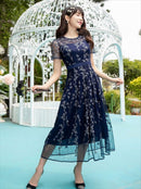 ERUKEI/C2706/ネイビー/蔦柄/半袖/レース/チュール/Aライン/ミディアムドレス/ワンピース