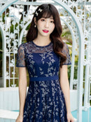 ERUKEI/C2706/ネイビー/蔦柄/半袖/レース/チュール/Aライン/ミディアムドレス/ワンピース